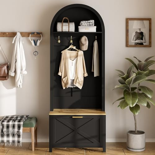 FQJVTDR Ensemble Vestiaire Armoire Multifonctionnelle avec Rangement à Chaussures,éTagèRe,Cintres,Meuble D'EntréE,Corps en MDF,Pieds en Fer Stables,Espace Rangement Pratique(195x75x35cm)