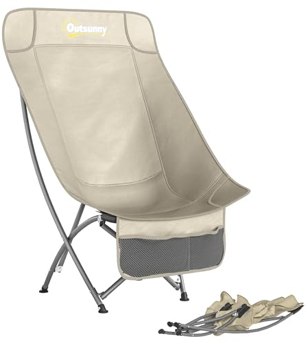 Outsunny Portable Camping Chair for Adults Heavy Duty Camp Seat Khaki | Folding Chair, Side Pocket, Carry Bag, Outdoor, Fishing, Patio, Balcony