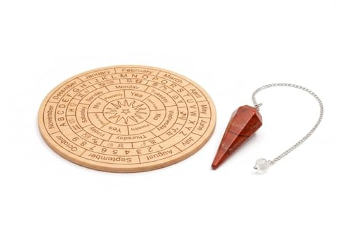 KULIA® Kristallpendel med Trä Slagtavla Feng Shui Röd Jaspis Reiki Pendel Trommelsten Slagtavla Kit Naturlig Ädelstenspendel med Graverat Diagram Religiösa Gåvor