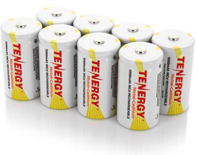 Tenergy D Size 5000mAh NiCd Button Top Rechargeable Batteries, 8 Pack