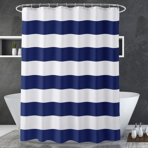 AmazerBath Navy Blue Shower Curtain Stripes, 72 W x 72 H Blue and White Shower Curtain, Fabric Shower Curtains for Bathroom with 2 Heavy Stones, Water Repellent