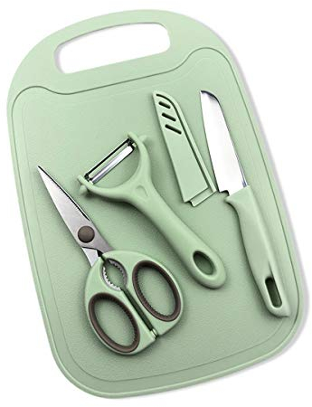 KRIZJUES Kitchen Peeler Set of 4 - Vegetable Peeler, Food Scissor, Cutting Board and Knife for Office, Dorm, Travel (Green)
