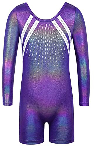 ZNYUNE Einteiliger Gymnastikanzug für Mädchen, langärmelig, funkelnd, Tanzen, athletisch, Ballettanzug, für 3–12 Jahre, B217, Dunkelviolett, 160