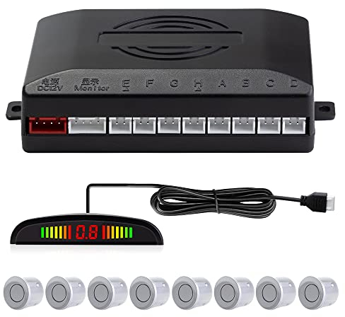 Einparkhilfe mit 8 Vorne Hinteren Parksensoren mit Summer LED-Anzeige (8 Sensoren, Silber)