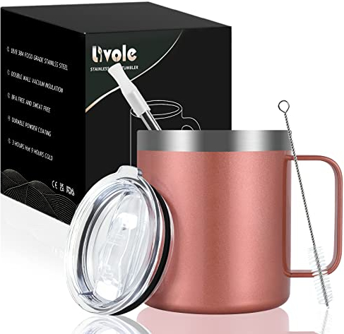 Livole Gobelet de camping en acier inoxydable de 350 ml, avec couvercle et paille, isotherme à double paroi, avec anse, pour le café à emporter, pour l'extérieur, or rose