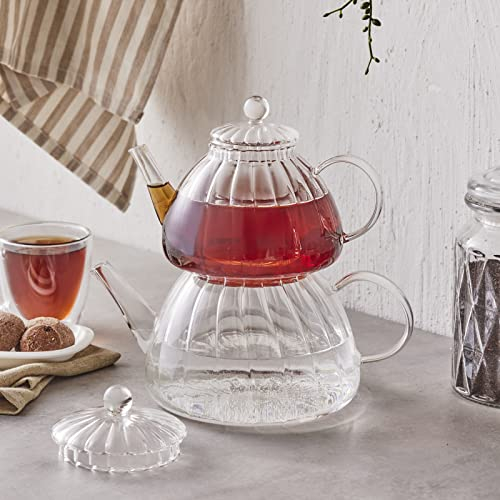 Karaca Lori Tetera de vidrio con infusor – Tetera turca transparente para hojas sueltas, té de hierbas para 9 tazas, tetera (1,2 L) y tapa con colador extraíble (0,6 L)