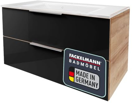 B.Brillant Waschbeckenunterschrank – inklusive weißem Waschbecken aus Glas – Hängend und Front aus lackiertem Glas – Badschrank in Anthrazit & Eiche (100 x 56 x 50 cm)