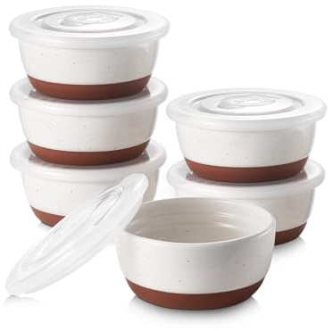 DOWAN Ramekins with Lids, 8 OZ Porcelain Ramekin Dishes for Creme Brulee Soufflé, Egg Mould, Muffin Cases, Mini Dip Bowl, Baking Bowl for Oven & Air Fryer, Glaze with Specks-Pack of 6