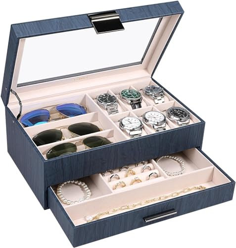 LANDICI Watch Box Organiser Jewellery box for Men Women, 2 Layer 6 Slot PU Leather Watch Storage Case with Glass Top, Large Jewelry Display Holder for Sunglasses Necklace Earring Ring (Blue)