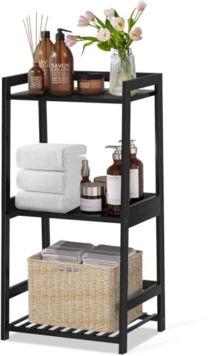 POXAKA 3 Tier Bamboo Bathroom Shelves, Ladder Shelf for Storage, Rustic Home Organizer, Space-Saving Design, Stylish Display Nightstand, Stylish Storage Solution for Home, Living Room, Kitchen