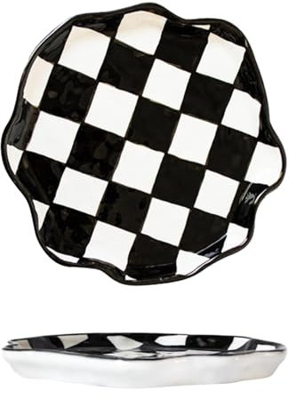 Checkerboard, Black And White Irregular Mugs, Ceramic Tableware Set, Bowls, Plates, Household Breakfast Oatmeal Cups, Couple Mugs-8-inch disc