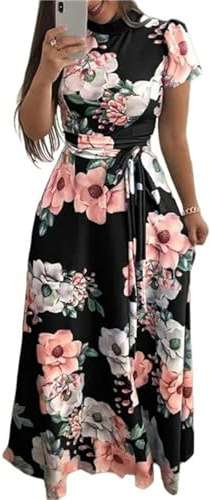 KOGORA Klänning dam sommar lång klänning avslappnad kortärmad blomklänningar ledig hög krage bandage Vestidos, T-2, M
