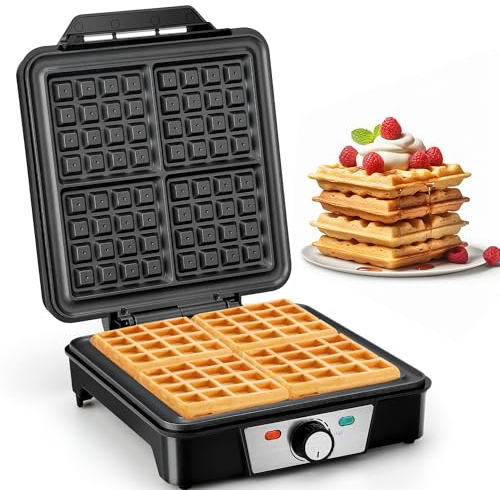 VINATO Macchina per Waffle, Piastra per Waffle Quadrata 4 Fette, Luci Indicatori, Antisversamento, 1200W