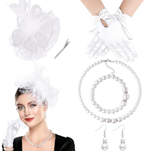 DRESHOW Cappello Fascinator da Donna Velo Maglia Cappello Tea Party Copricapo Fascinators Cappello Derby in Piuma e Guanti Set di Gioielli in Perle per Cocktail e Feste Anni '20