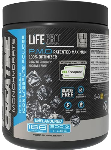 Creatine Monohydrate Creapure Life Pro 500g – Créatine Micronisee Pure – Goût Neutro – Jusqu’à 166 Doses – Sans Gluten – Pour Force, Énergie et Récupération Musculaire – Qualité Allemande Garantie