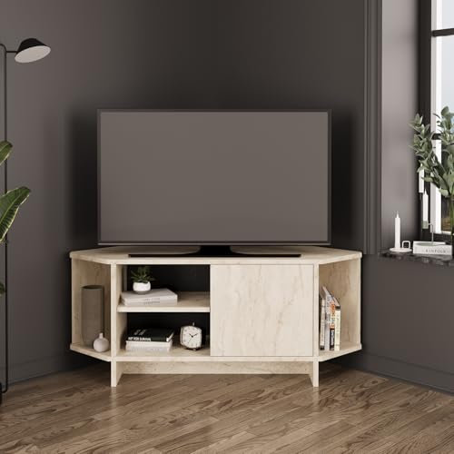Bimossa Teo Corner TV Stand – Space-Saving TV Unit for 43–48'' TVs, Compact Media Console with Open Shelves & Cabinet, Ready to Assemble, Available in 5 Colours (Travertine Colour)
