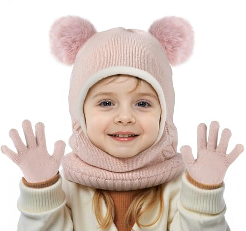 HONGTEYA Toddler Winter Hat Scarf Glove Set, Unisex Baby Kids Velvet Lined Knitted Hat with Neck Warmer for Cold Weather (2-5T Pink)