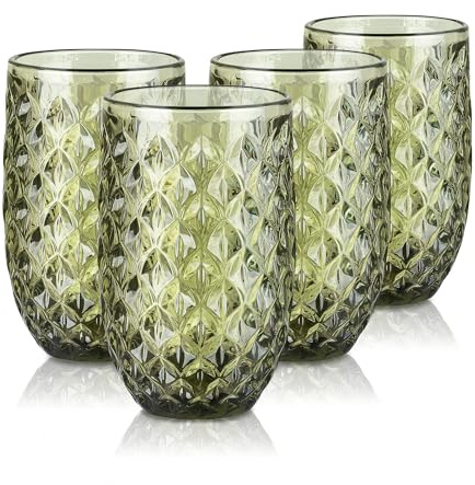 Joeyan dricksglas set med 4, 370 ml/375 ml präglad highball-glas vattenglas med geometriskt texturmönster, färgad vintage hög glasmugg för juice, öl, drycker, cocktail, grön