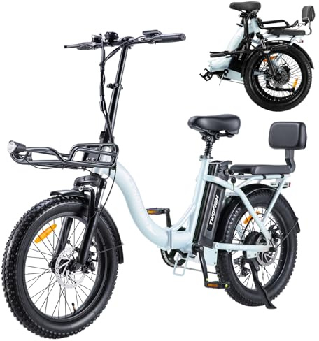 TWOFISH Electric Bike for Adults, 20*3.0 Fat Tire Folding Electric Bicycle with 36V 17.8AH Removable Battery 7 Speed 25km/h 80-100km Range Disc Brake IP54 Waterproof, TF-2 (Light Blue)
