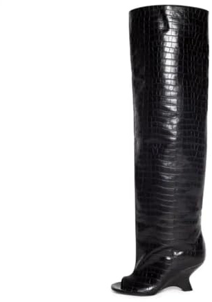 HUDFVIOI Stivali Alti da Donna Stivali alti fino al ginocchio con zeppa e punta aperta in camoscio marrone(Black Stone pattern,43)