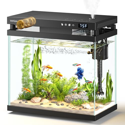 Vehipa 8L Aquarium, Nano Fischtank Aquarium Komplettset mit 7-Farben LED-Beleuchtung, Automatischer Zuführer, intelligentem Luftbefeuchter, Temperaturanzeige, Leise Pumpe, Schwarz