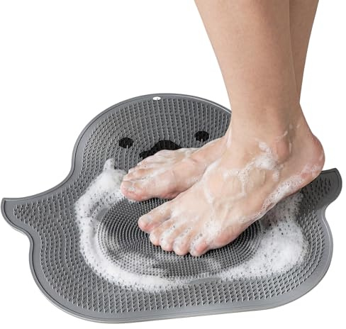 Grand tapis de douche avec ventouses antidérapantes – Nettoie, exfolie, masse vos pieds sans se pencher, circulation des pieds et soulage les pieds fatigués (canard gris)