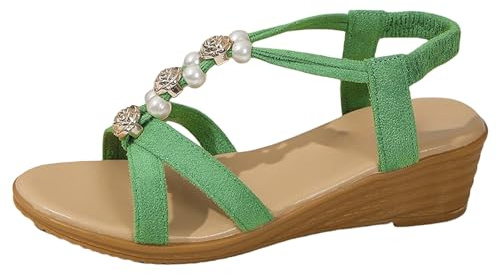 Kilsandaler för kvinnor uppklädda pärlpärlor boho sandal smart vardaglig bred öppen tå slip on-sandaler med elastisk rem damer mellanklackar gladiatorsandal sommar strandsandaler för bankettfest, gRÖN