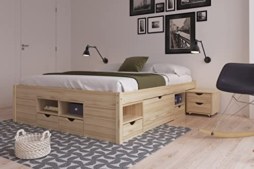 Inter Link - Funktionsbett - Bett mit Schubladen - Doppelbett 160 x 200 cm - 2 Große und 4 kleine Schubladen - Nachtkommode - Kiefer massivholz - Inkl Lattenrost - Natur lackiert - Claas