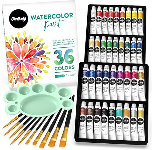 Chalkola Set Aquarelle - Peinture Aquarelle pour Adultes, Enfants, Artistes Débutants & Professionnels – 36 Tubes d’Aquarelle (12ml, 0,4oz), 10 Pinceaux & 1 Palette | Fournitures Artistiques Complètes