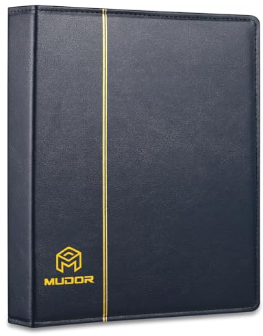 MUDOR Empty Premium PU Classic Binder, 4 Ring Binder Albums Stockbook for Stamps, Documents, Coins, Bank Notes(Blue)