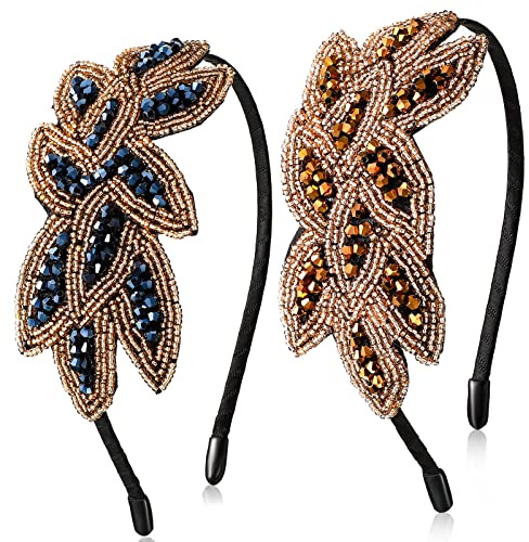 2 Pièces Bandeaux Flapper Serre-Tête des Années 20 Serre-Tête de Feuille Vintage Perlé Bandeaux des Années 1920 Accessoires de Cheveux Rétro pour 1920 Fête Costumée (Bleu Marine, Bronze)