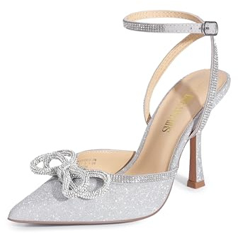 DREAM PAIRS Women High Pointed Closed Toe Strappy Bow Heels,Silver,9