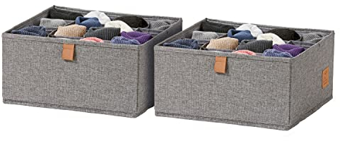 LOVE IT STORE IT Premium Schubladen Ordnungssystem 2-teilig - Kleiderschrank Organizer aus Leinen - Verstärkt - 16 Fächer für Socken, Unterwäsche - Grau - 30x30x15 cm
