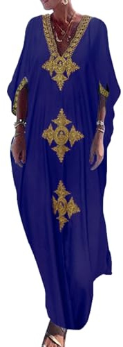 Bsubseach Broderie Robe de Plage Caftan Femmes Grande Taille Kaftan Floral Maxi Longue Tunique Bohème Boho Eté Djellaba Femme Kimono Bleu Marine