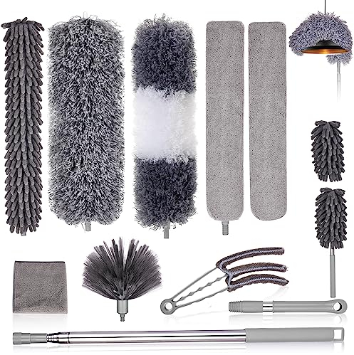 shirylzee Staubwedel Teleskop Waschbar 12 Stücke Biegbar Staubwischer und Eckbesen für Decken Eckbesen Mikrofaser Duster Lang 40-210cm mit Teleskopstiel Stange Entfernt Staub und Spinnweben (12 Pcs)