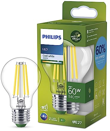Philips LED Classic ultraeffiziente E27 Lampe, mit Energieeffizienzklasse A, ersetzt 60W, klar, kaltweiß