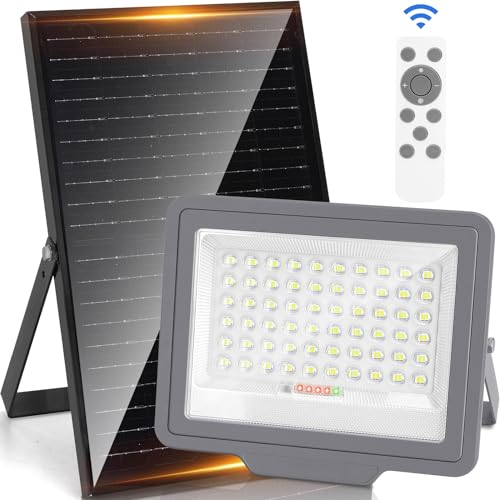 Aigostar - Foco solar exterior con mando a distancia, 15000mAH, gran panel solar y batería de gran capacidad. Luz solar LED, cable 2m, 6500K, para interior y jardín, patios, garajes o piscinas.