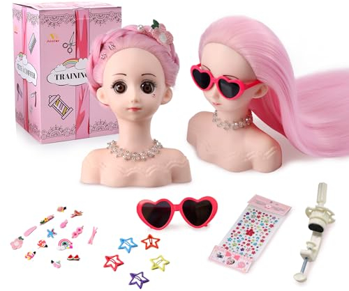 Anstar Frisierkopf Echthaar Kinder Friseurkopf Schminkkopf für Mädchen Styling Head Stylingkopf Puppenschminkkopf für Kinder mit Haarstyling Zubehör