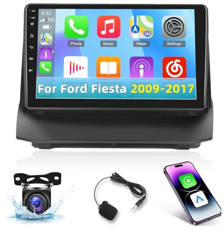 2+64G 8 Core Andorid Autoradio per Ford Fiesta 2009-2017 con Carplay e Android Auto - Radio con touchscreen IPS da 9 pollici - WiFi DSP Mirror Link GPS Schermo diviso + Telecamera posteriore AHD