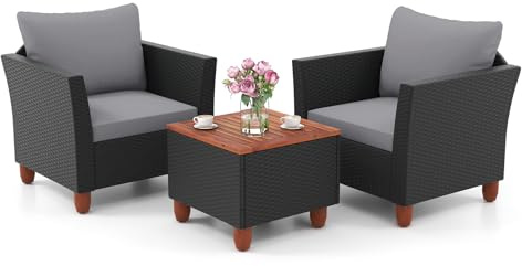 SFAREST 3 Pieces Rattan Bistro Set, Garden Furniture Set with Acacia Wood Storage Table & 4 Removable Cushions, Outdoor Wicker Conversation Table Chairs Set for Patio Poolside Balcony (Grey)