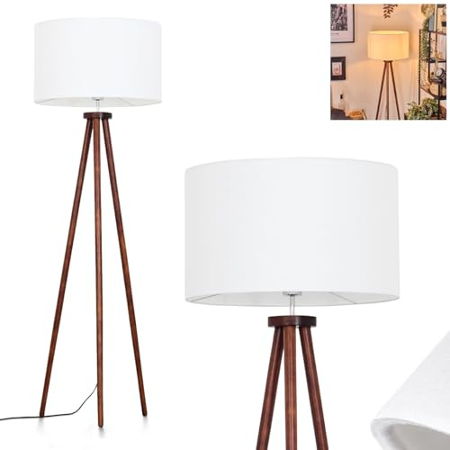Flemming golvlampa, golvlampa av trä/väv i mörkbrun/vit, lampa i skandinavisk design med rund skärm (Ø 50 cm) och fotbrytare, höjd 155 cm, 1 x E27, utan glödlampa