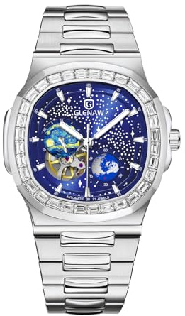 GLENAW Automatic Tourbillon Watches for Men, Square Skeleton Watch, Stainless Steel Self-Winding Mechanical Watch, 8657-Blue, Modern