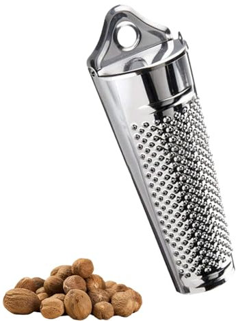 Muskatreibe mit Behälter, Praktische Muskatnuss Reibe, Muskatnuss zur Aufbewahrung von Muskatnüssen, Multifunktionsedelstahl Werkzeug für Muskatnüsse, Zitronenschale(13.5X4.5)