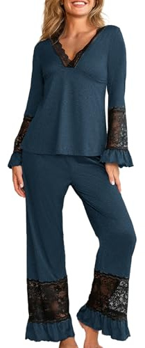 crazy bean Pigiama Donna Manica Lunga e Pantaloni in Pizzo Maglietta Scollo a V Maniche Lunghe con Volant Due Pezzi Leggero Elegante per Primavera Autunno Blu M