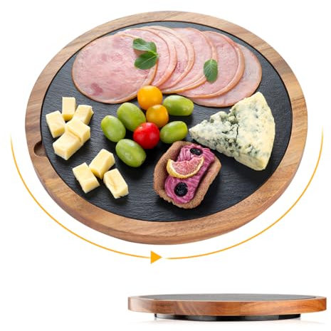 HALE OTEIR Lazy Susan Slate Serving Board - Acacia Wood Steak Plate with Slate, Cheese Platter, Steak Plate, Perfect for Charcuterie, BBQ, Dinner Parties, Rustic Design with 360° Rotation 11.8in