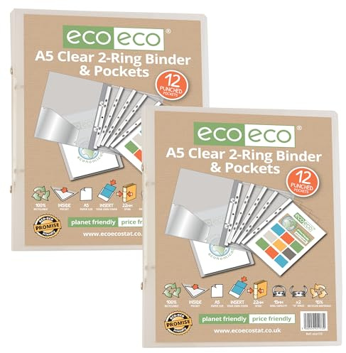 eco-eco A5 65% Recycled Clear Presentation Ring Binder with 12 Multi Punched Pockets, Pack of 2, eco173x2