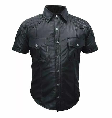 Rumble Products Camicia da uomo in vera pelle nera | in morbida pelle stile uniforme della polizia | camicia trapuntata per motociclisti club, nero, L