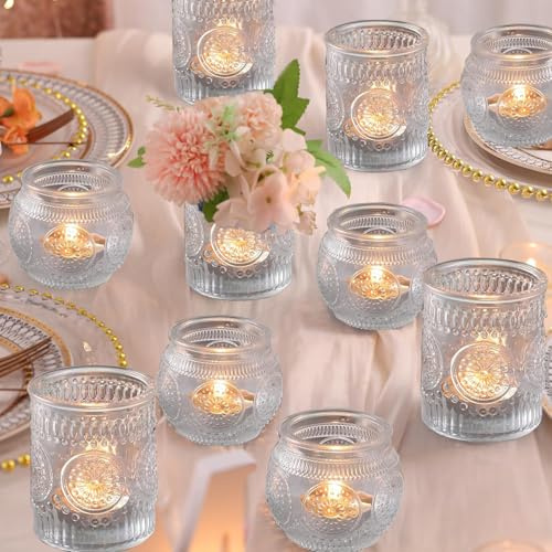 Lot de 12 photophores en verre transparent vintage pour centres de table, maison, fête prénuptiale, anniversaire, décoration de table de fête (12, transparent)