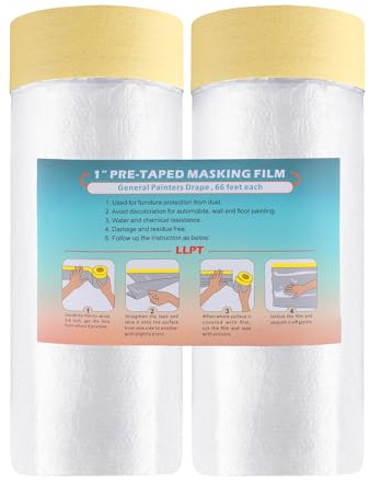 LLPT Tape and Drape Pre-Taped Masking Film 2 Packs-90cm(Unfolded) x 20m | Beige Washi Versatile Painter's Plastic Dust Sheets for Auto Wall Furniture Painting and Spraying Protection