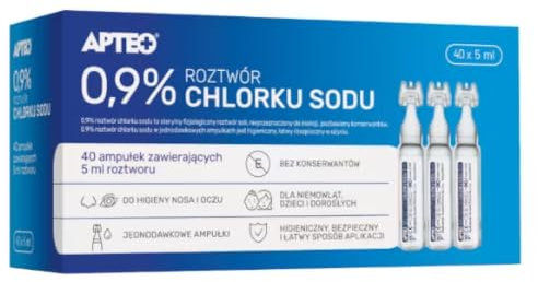 APTEO 0,9% NaCl Kochsalzlösung -40x5 ml Sterile Einzeldosisampullen - Isotonische Salzlösung für Nasen- und Augenhygiene - Sterile NaCl Lösung für Säuglinge, Kinder und Erwachsene -Inhalation Solution